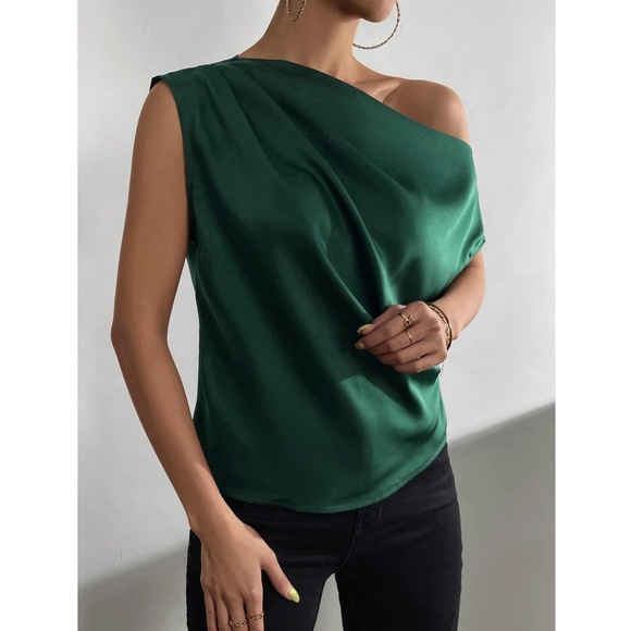 Dark Green Satin Draped Asymmetrical Blouse Top - Picture 5 of 12